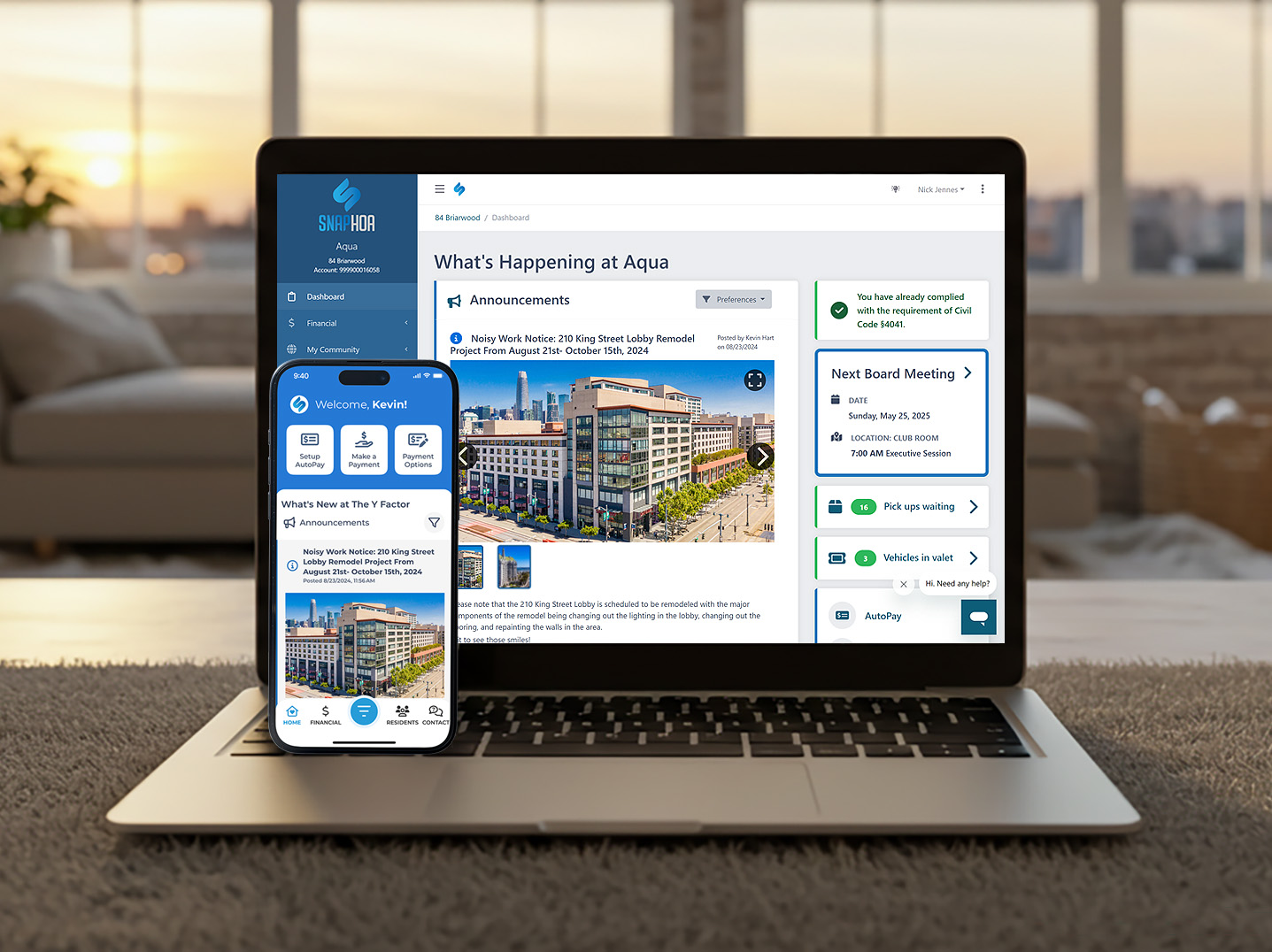 SnapHOA announcement mockup with a phone and laptop